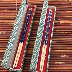Vintage Chinese Cloisonné Floral Blue Chopsticks Set of Two in Batik Case